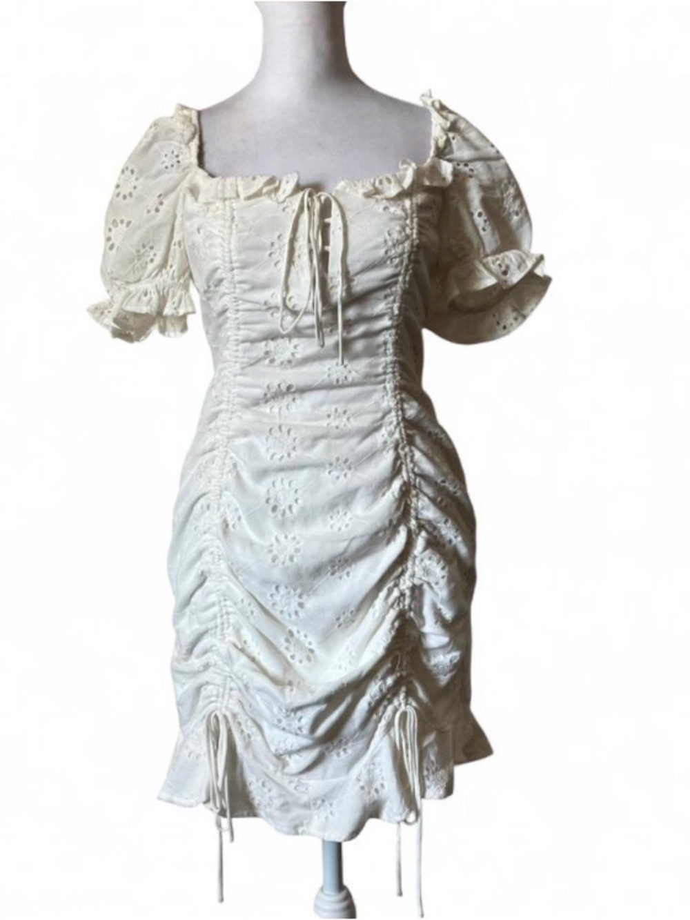 Saints + Secrets White Eyelet Ruched Corset Mini Cottagecore Boho Dress Small - Picture 3 of 10
